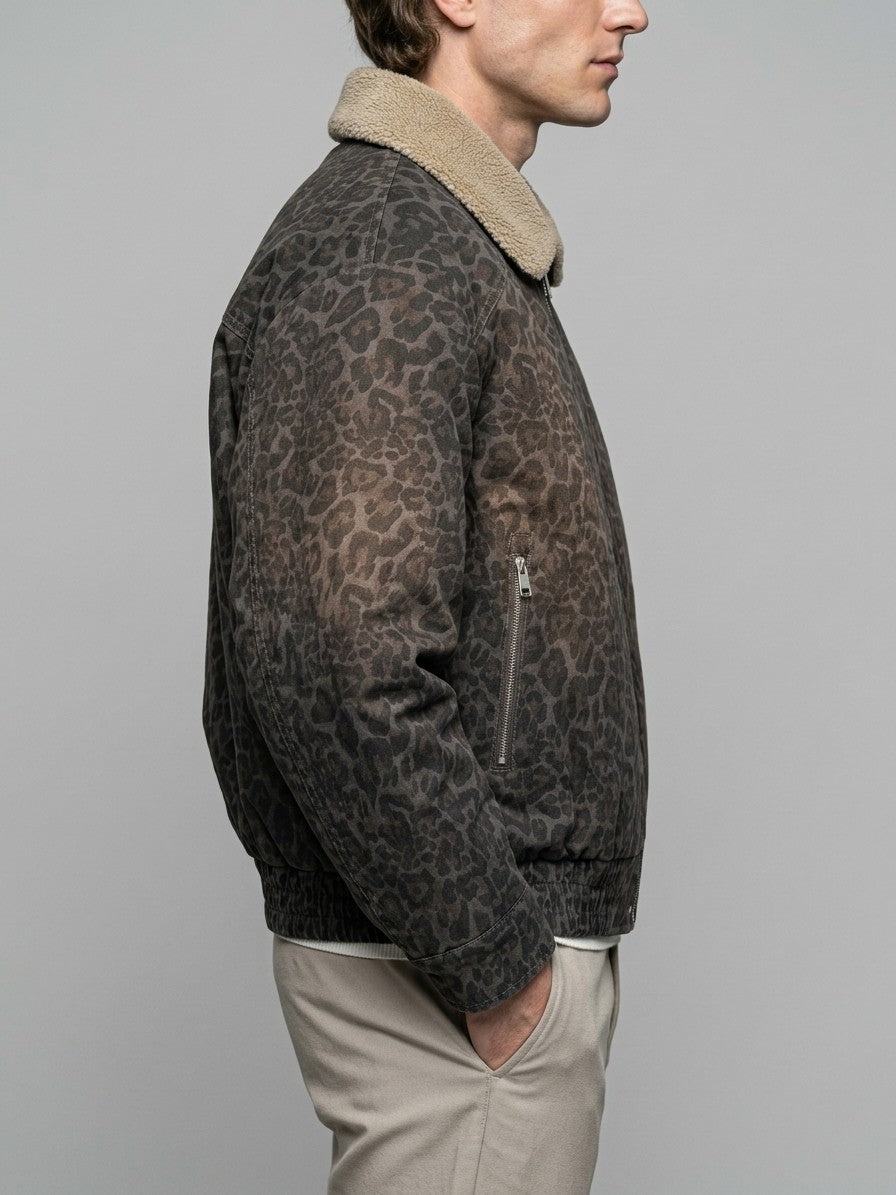 Scanno Men's Faded Leopard Bomber Jacket — charcoal — side