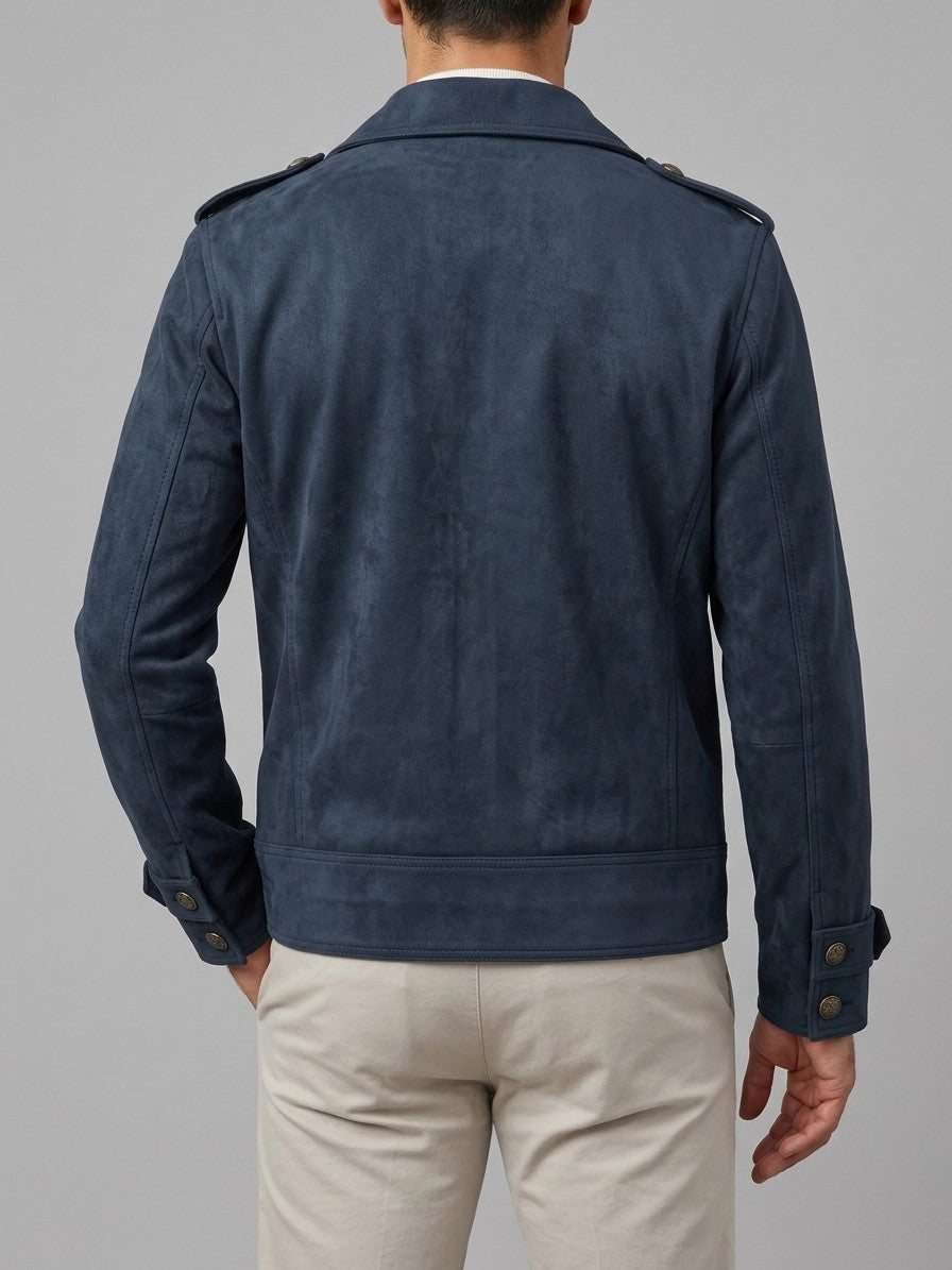 Scanzano Men's Double-Breasted Faux Suede Military Jacket — navy — back