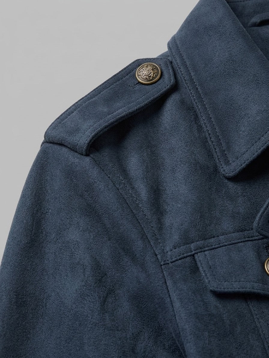 Scanzano Men's Double-Breasted Faux Suede Military Jacket — navy — detail-2