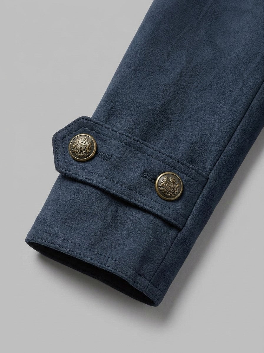 Scanzano Men's Double-Breasted Faux Suede Military Jacket — navy — detail-collar