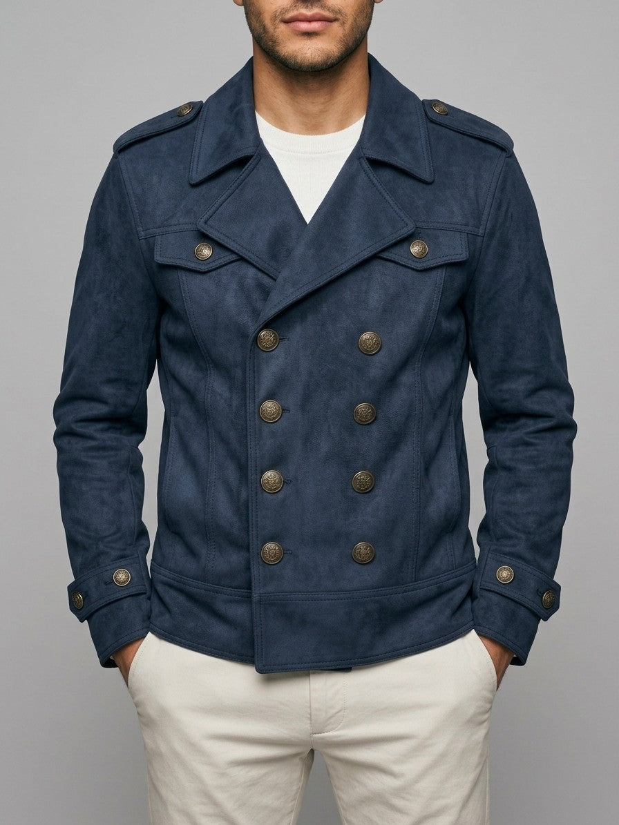 Scanzano Men's Double-Breasted Faux Suede Military Jacket — navy — front