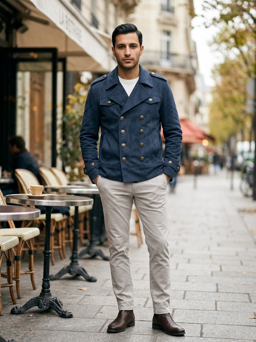 Scanzano Men's Double-Breasted Faux Suede Military Jacket — navy — lifestyle
