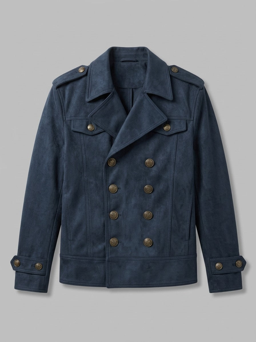 Scanzano Men's Double-Breasted Faux Suede Military Jacket — navy — packshot