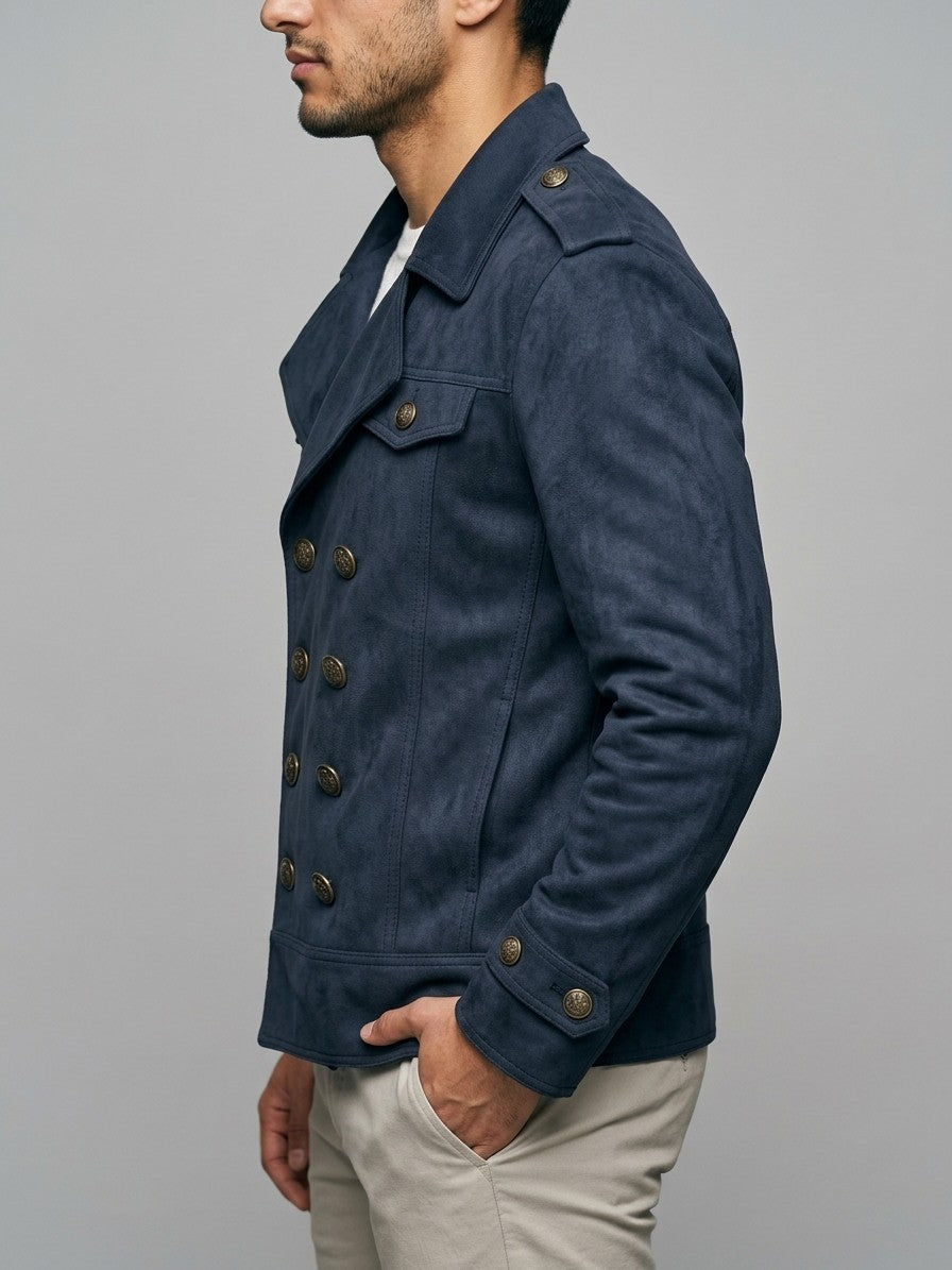 Scanzano Men's Double-Breasted Faux Suede Military Jacket — navy — side