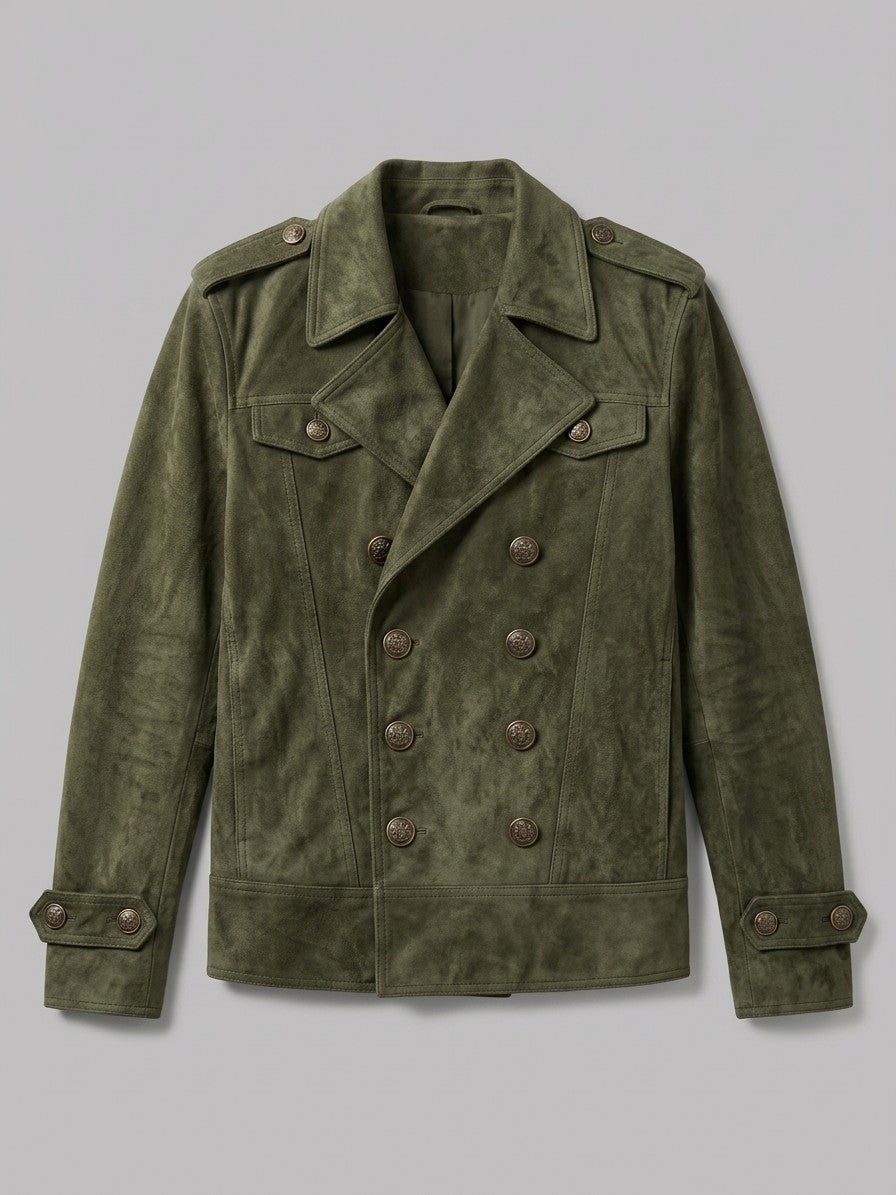Scanzano Men's Double-Breasted Faux Suede Military Jacket — olive — packshot