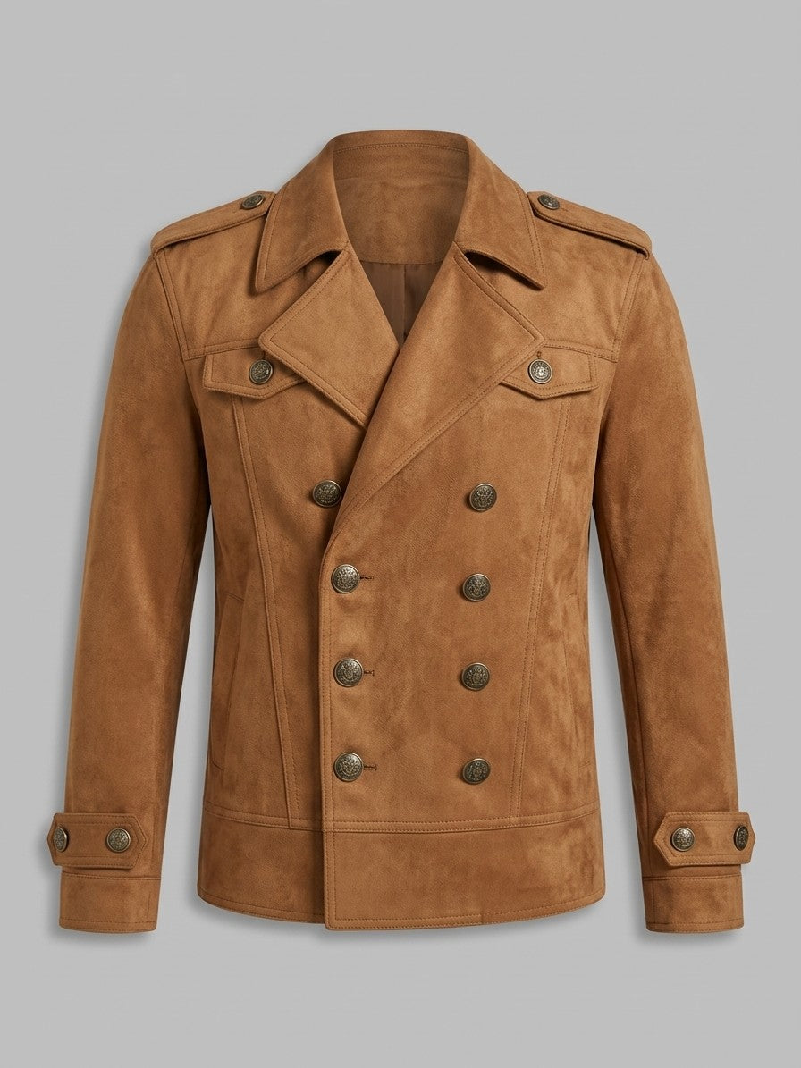 Scanzano Men's Double-Breasted Faux Suede Military Jacket — tan — packshot