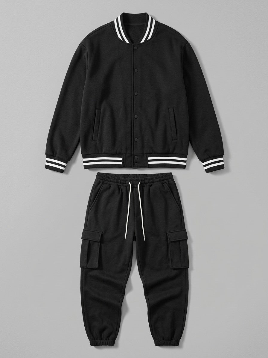 Schio Men's Varsity Jacket & Cargo Jogger Set — black — packshot