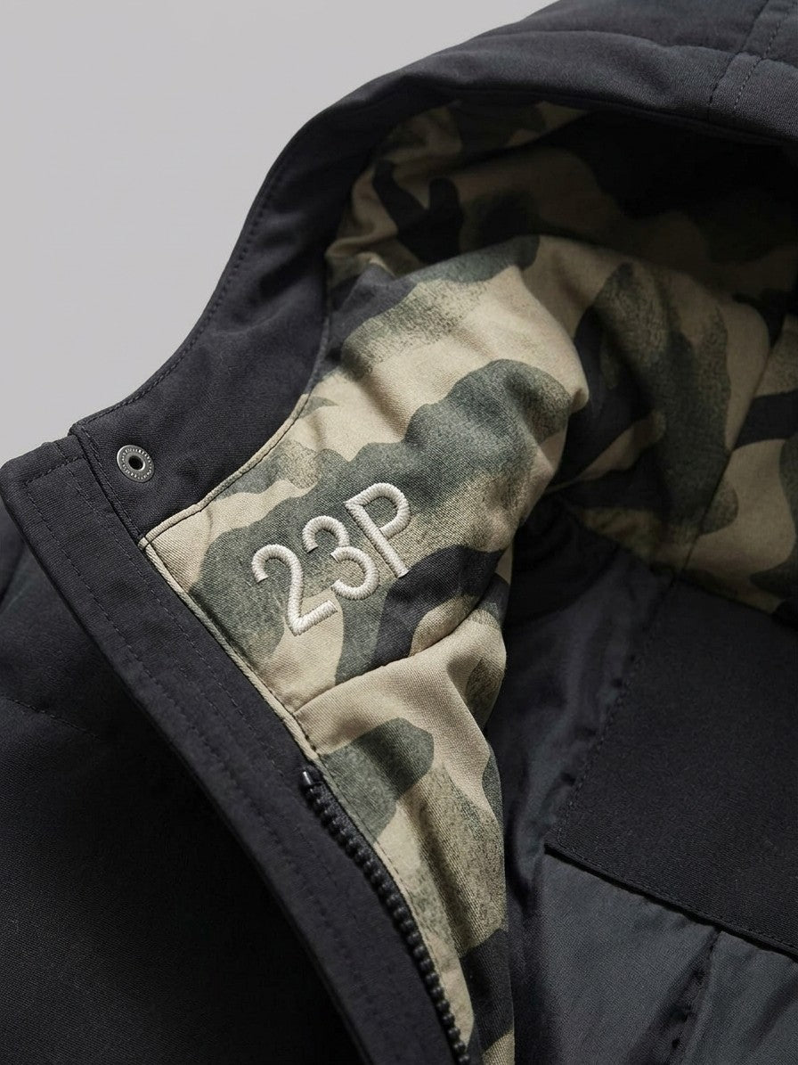 Sciacca Men's Camo-Lined Hooded Puffer Jacket — black — detail-2