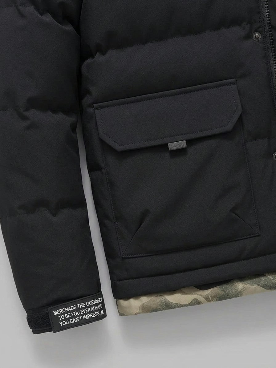 Sciacca Men's Camo-Lined Hooded Puffer Jacket — black — detail-collar