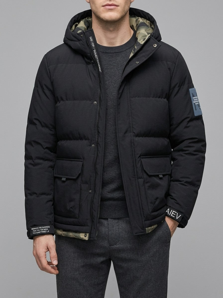 Sciacca Men's Camo-Lined Hooded Puffer Jacket — black — front