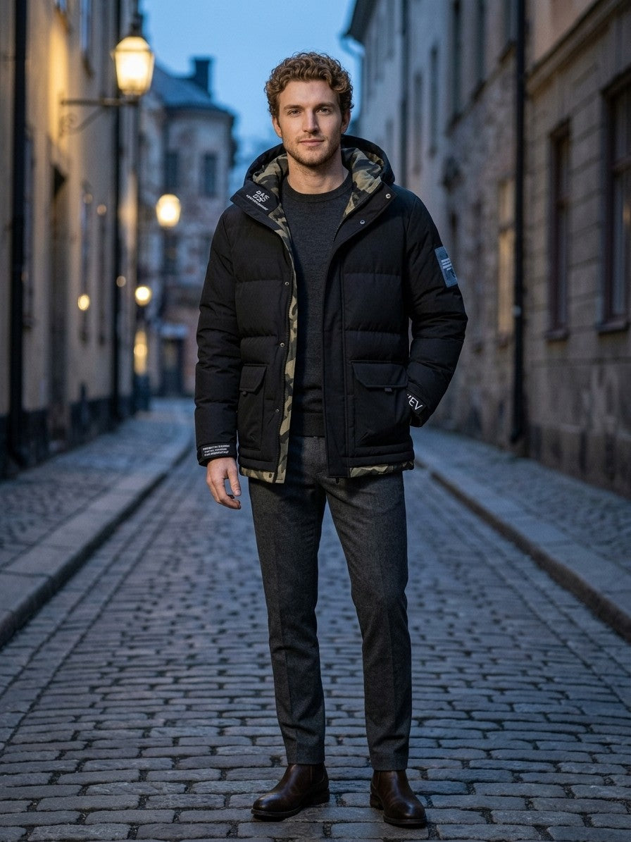 Sciacca Men's Camo-Lined Hooded Puffer Jacket — black — lifestyle
