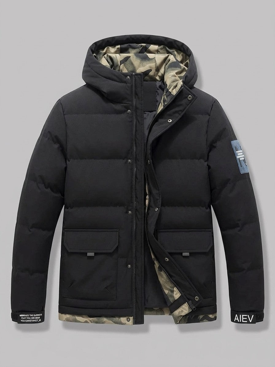 Sciacca Men's Camo-Lined Hooded Puffer Jacket — black — packshot