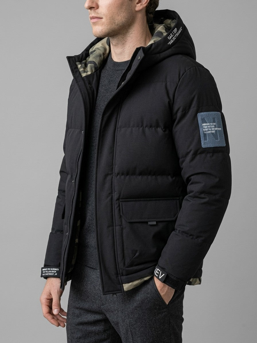 Sciacca Men's Camo-Lined Hooded Puffer Jacket — black — side