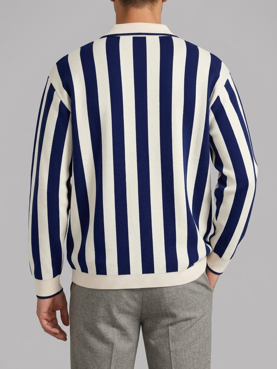 Scicli Men's Striped Johnny Collar Knit Polo — navy — back