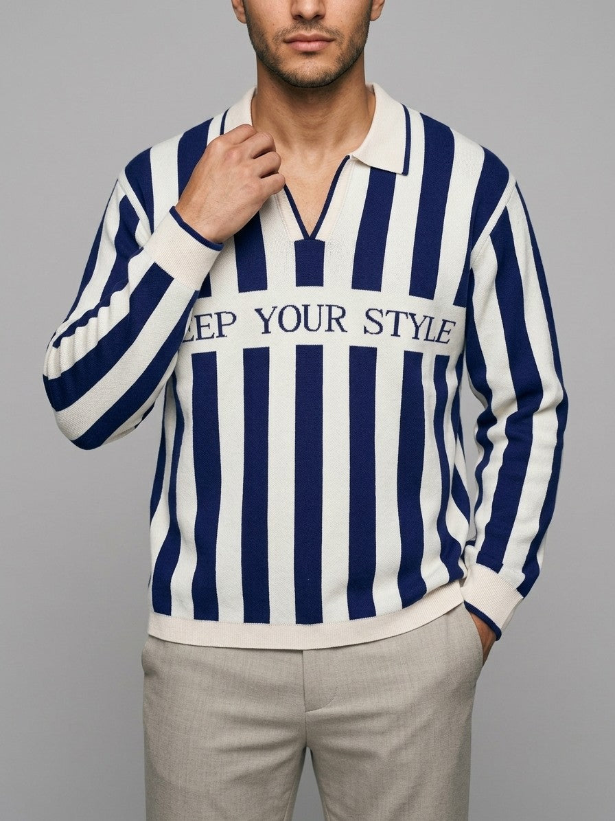 Scicli Men's Striped Johnny Collar Knit Polo — navy — front