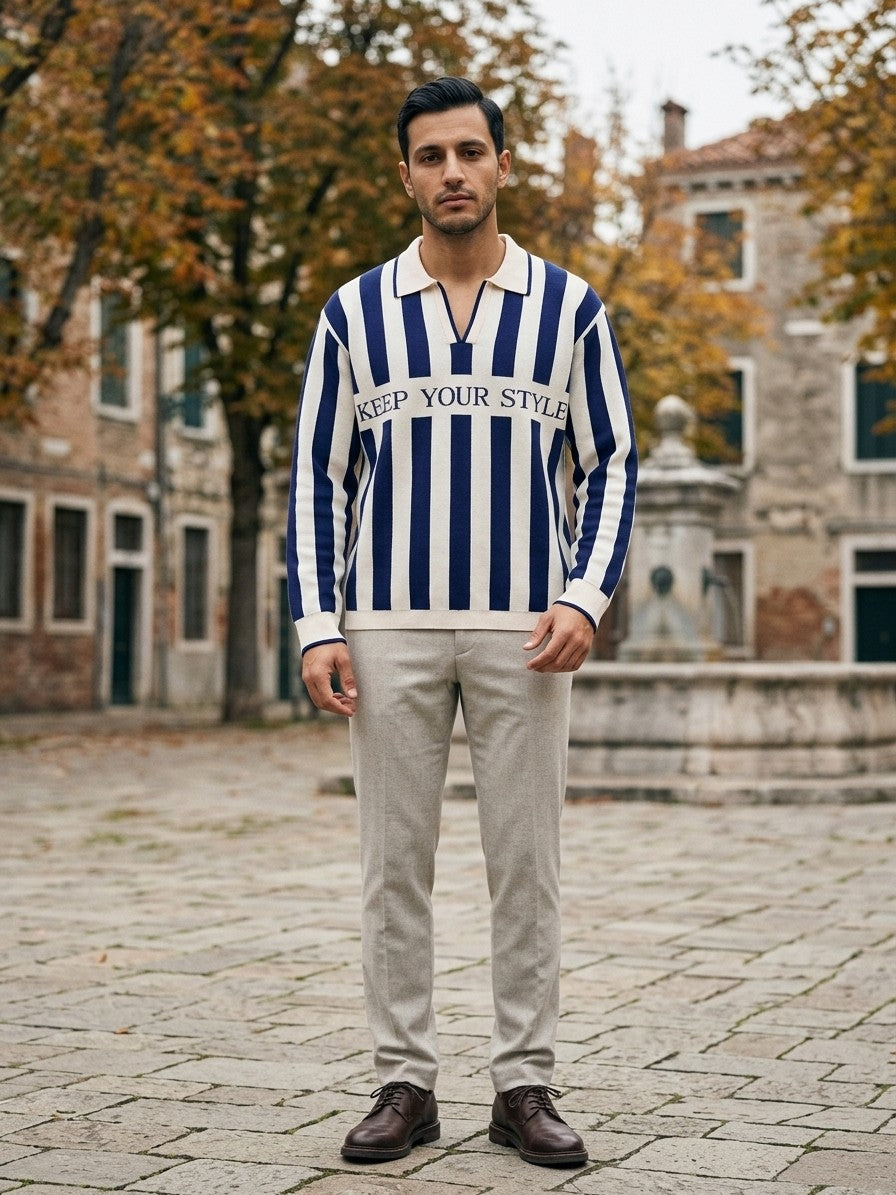 Scicli Men's Striped Johnny Collar Knit Polo — navy — lifestyle