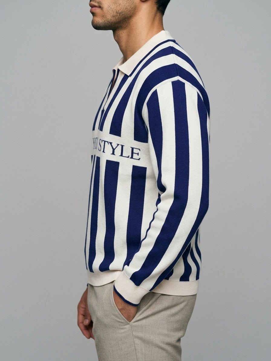 Scicli Men's Striped Johnny Collar Knit Polo — navy — side