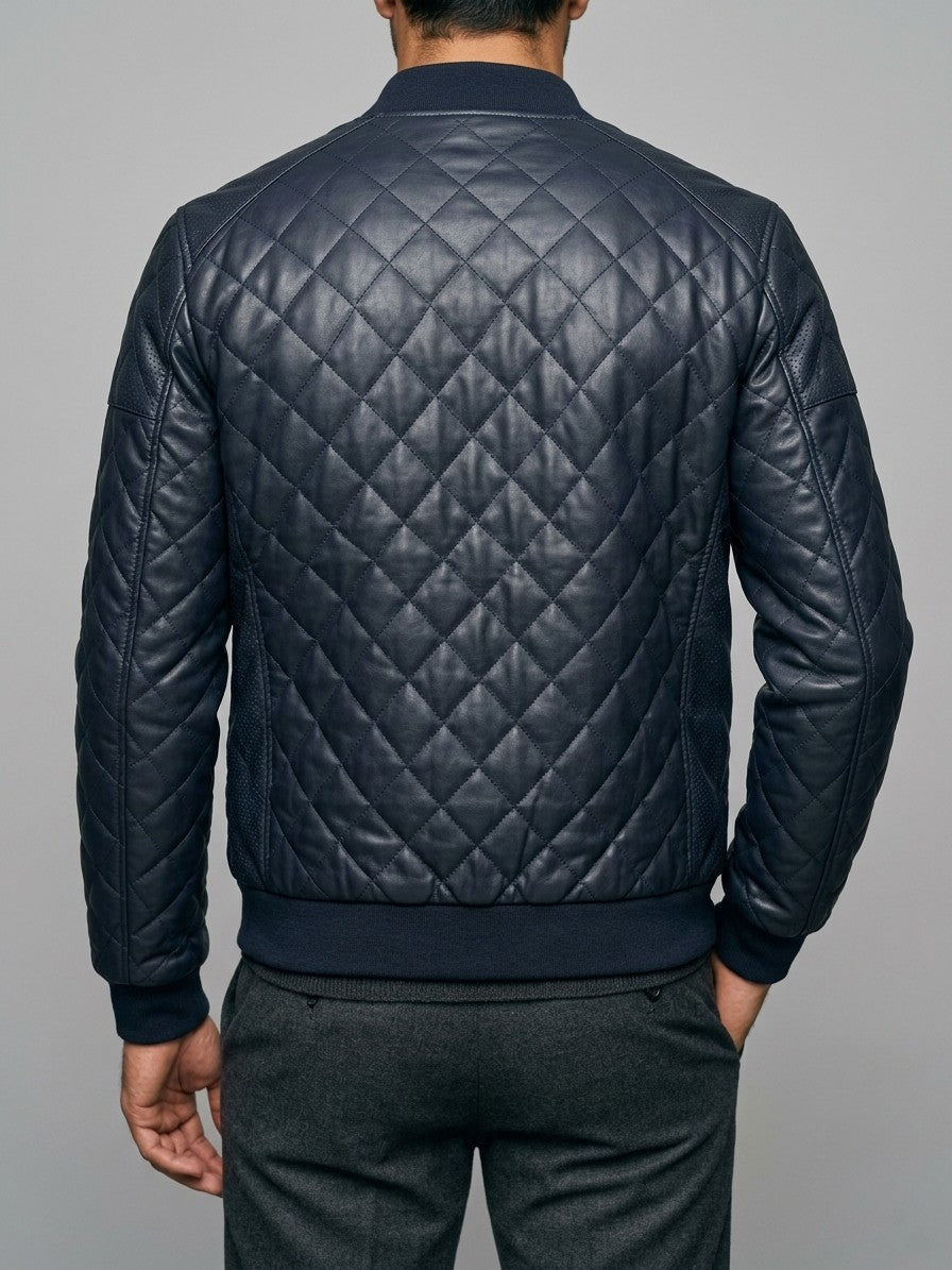 Scilla Men's Quilted Faux Leather Bomber Jacket — darkblue — back