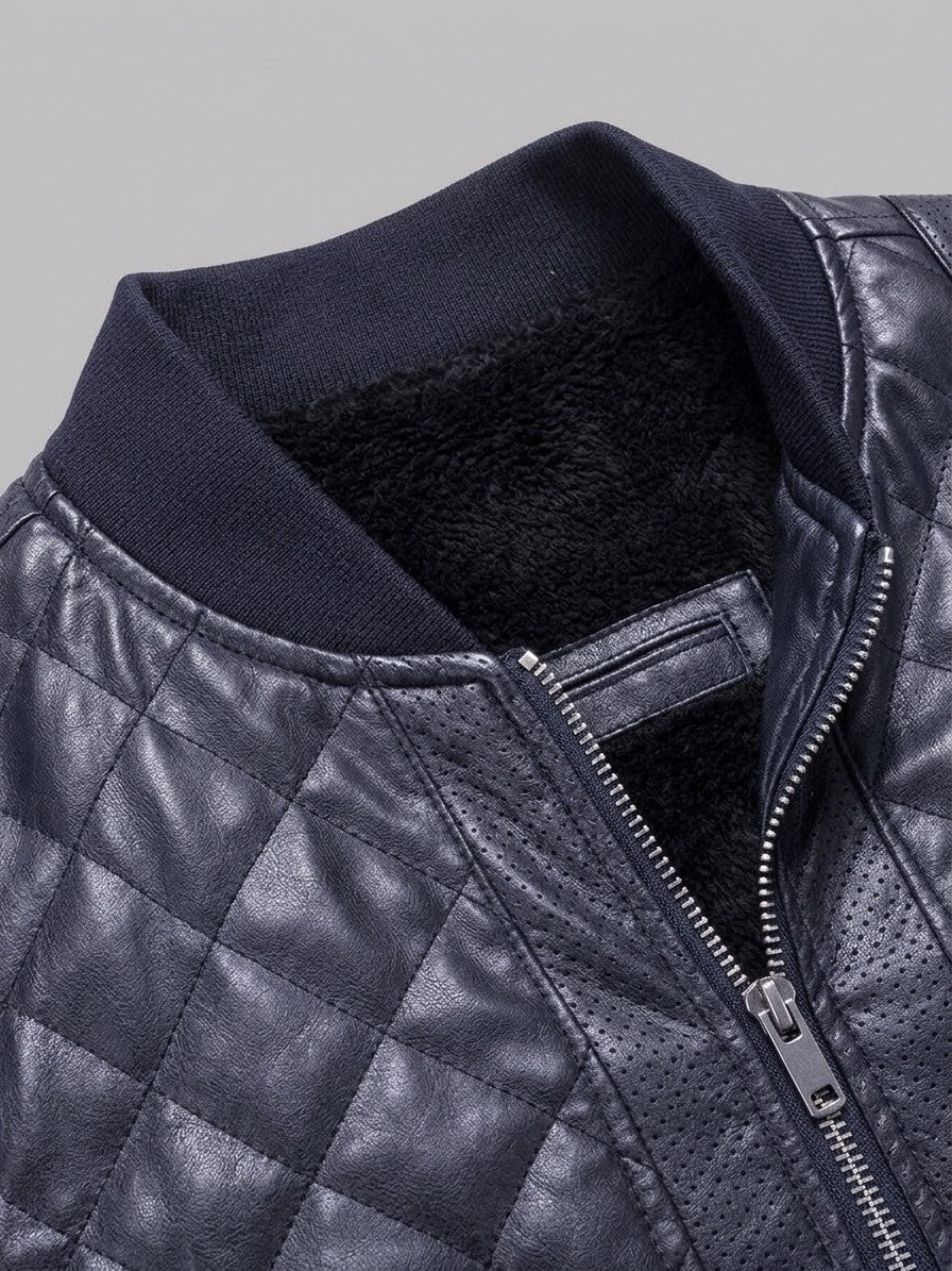 Scilla Men's Quilted Faux Leather Bomber Jacket — darkblue — detail-2