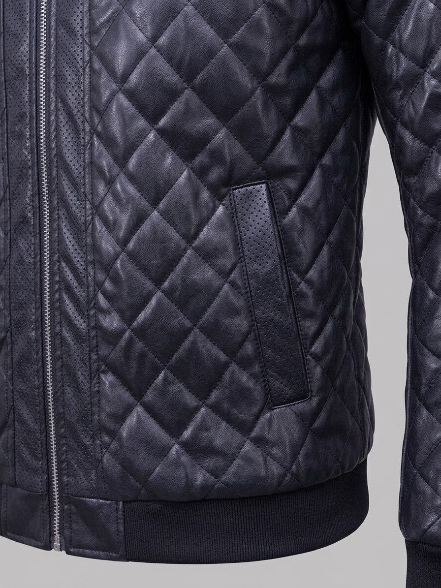 Scilla Men's Quilted Faux Leather Bomber Jacket — darkblue — detail-collar