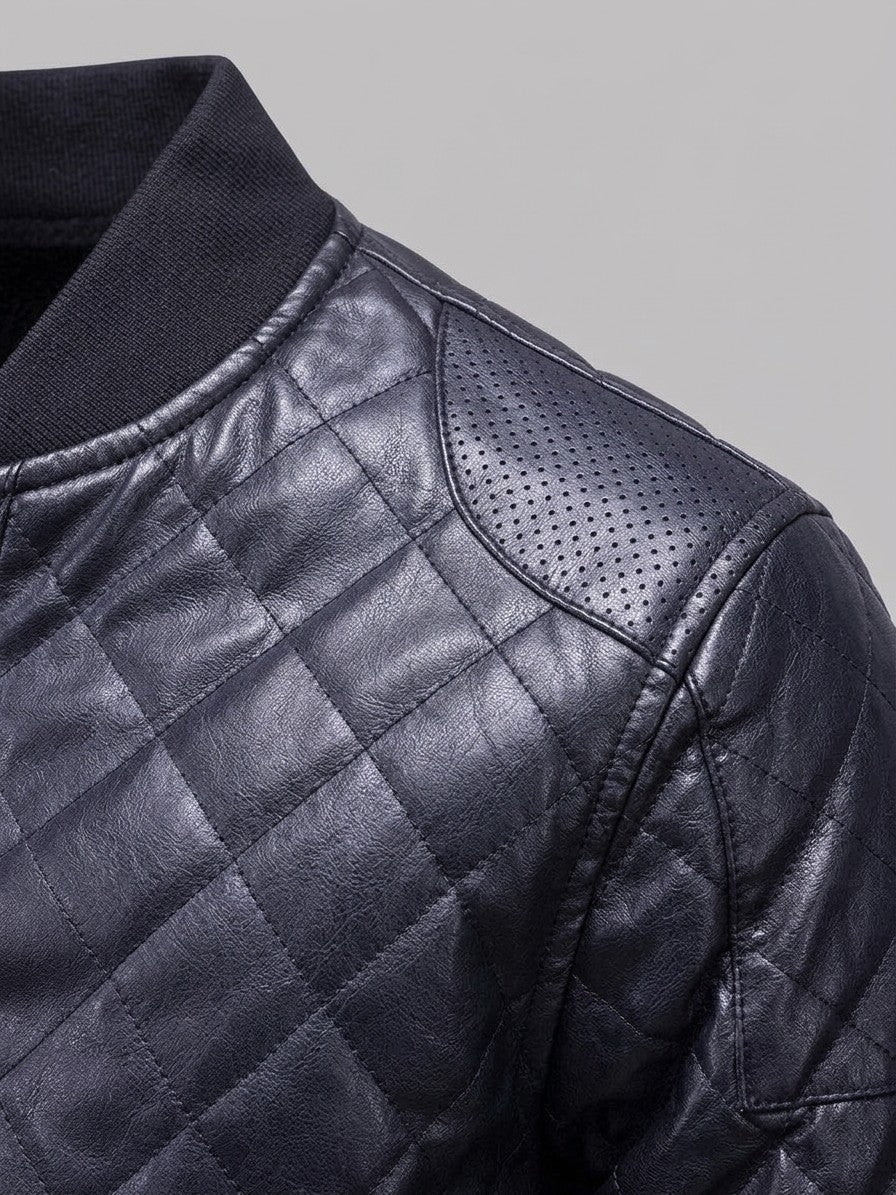 Scilla Men's Quilted Faux Leather Bomber Jacket — darkblue — detail