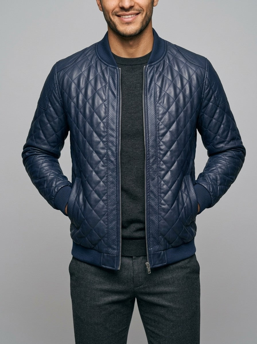 Scilla Men's Quilted Faux Leather Bomber Jacket — darkblue — front