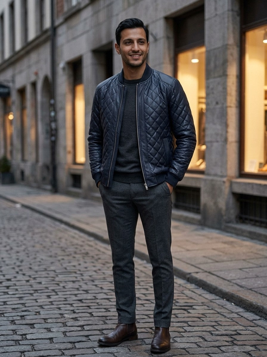 Scilla Men's Quilted Faux Leather Bomber Jacket — darkblue — lifestyle