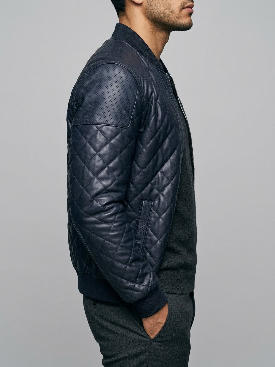 Scilla Men's Quilted Faux Leather Bomber Jacket — darkblue — side