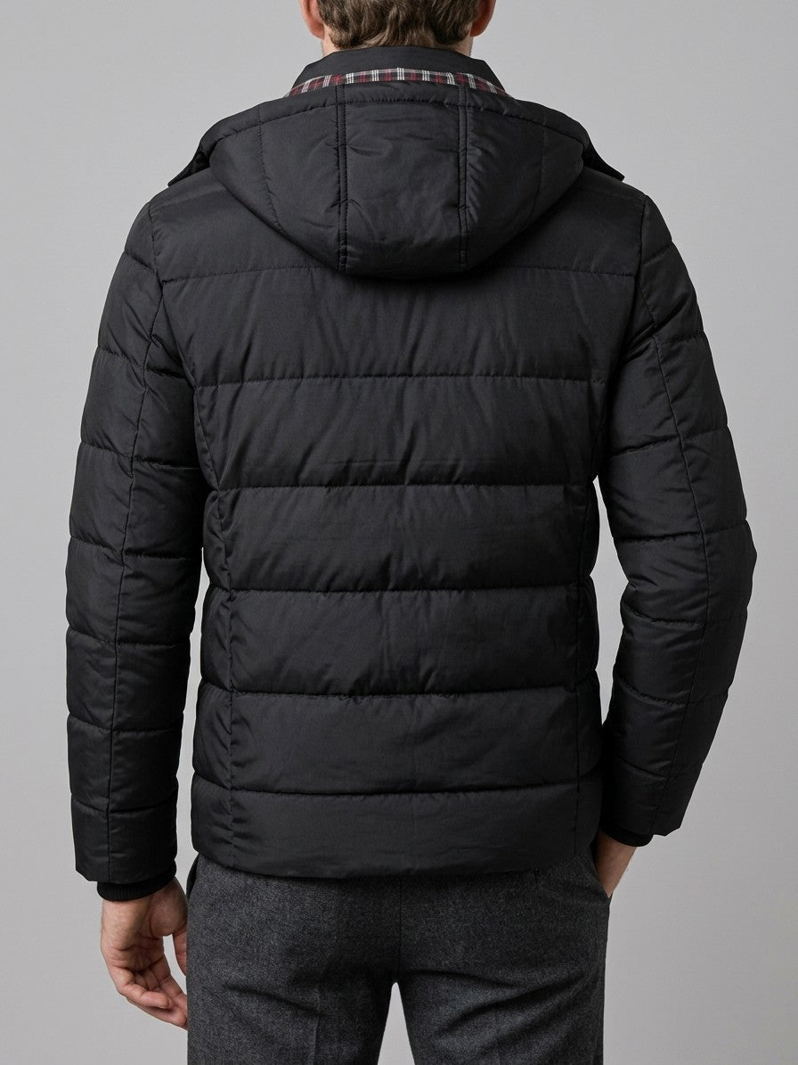 Senigallia Men's Check-Lined Hooded Puffer Jacket — black — back