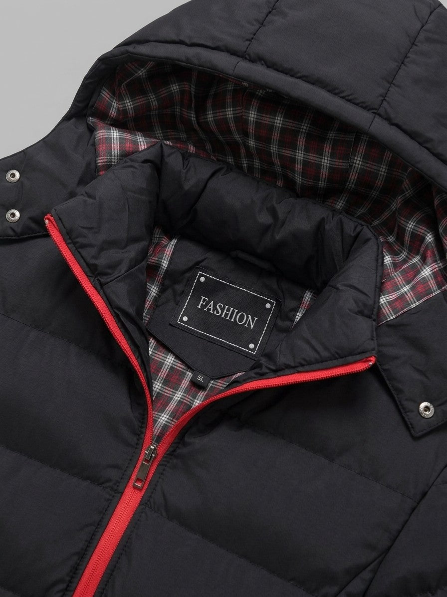 Senigallia Men's Check-Lined Hooded Puffer Jacket — black — detail-2