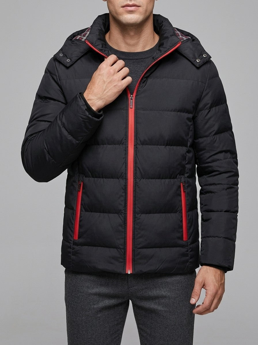 Senigallia Men's Check-Lined Hooded Puffer Jacket — black — front