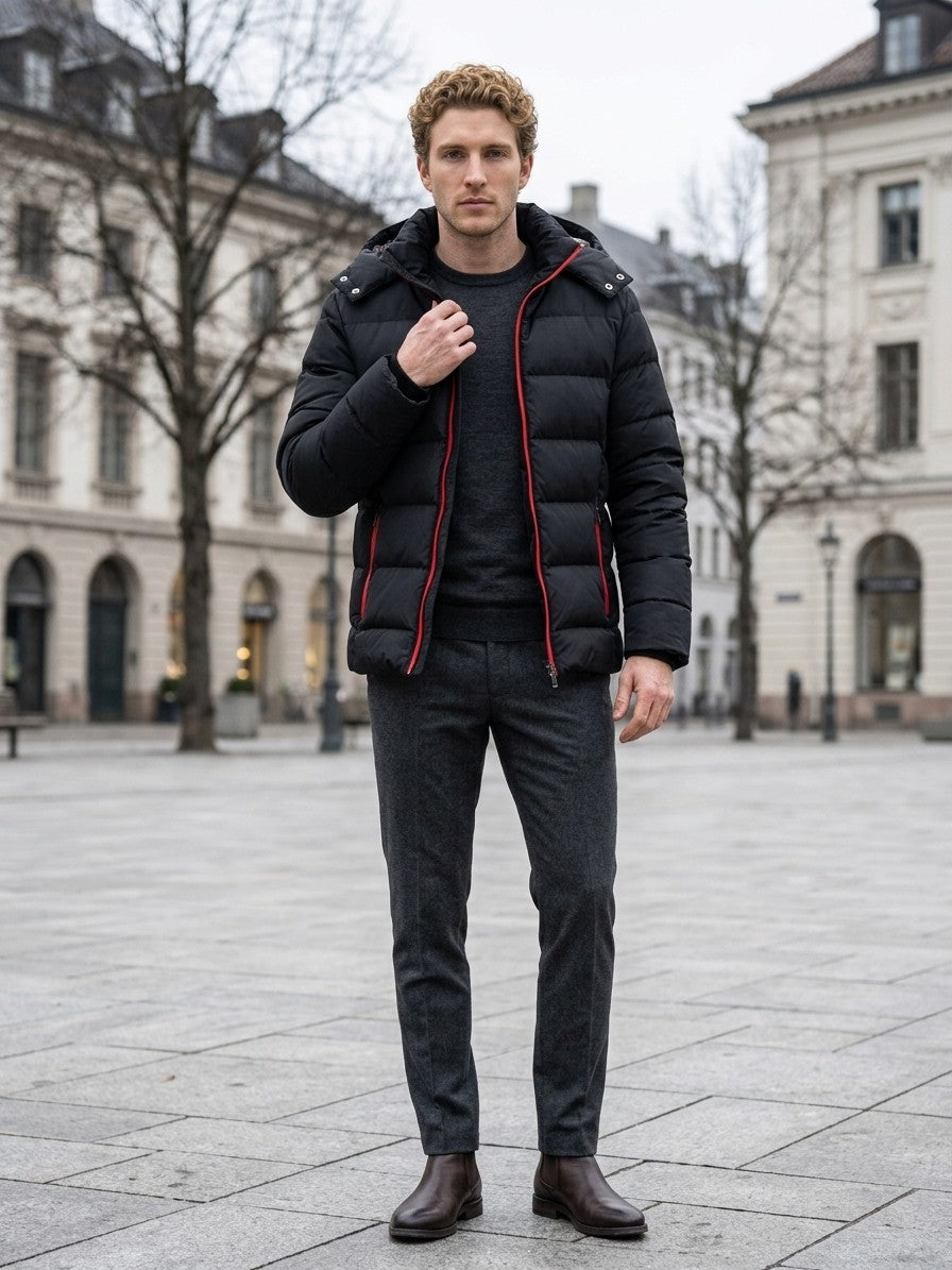 Senigallia Men's Check-Lined Hooded Puffer Jacket — black — lifestyle