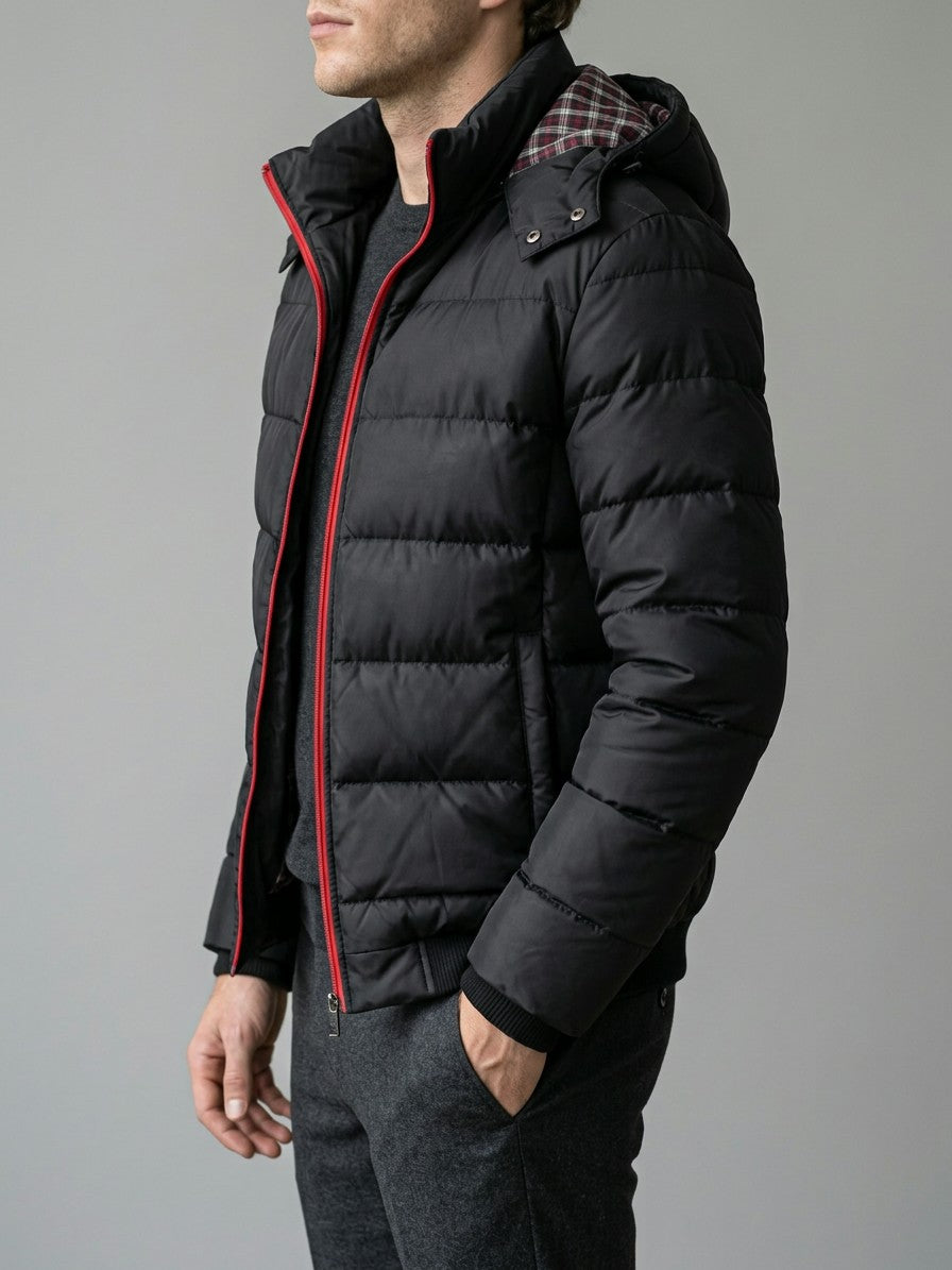 Senigallia Men's Check-Lined Hooded Puffer Jacket — black — side