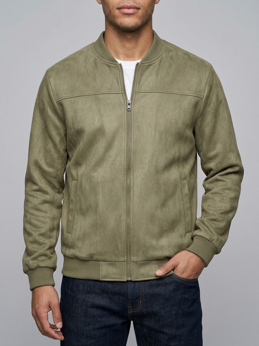 Seregno Men's Yoke-Seam Faux Suede Bomber Jacket — olivegreen — front