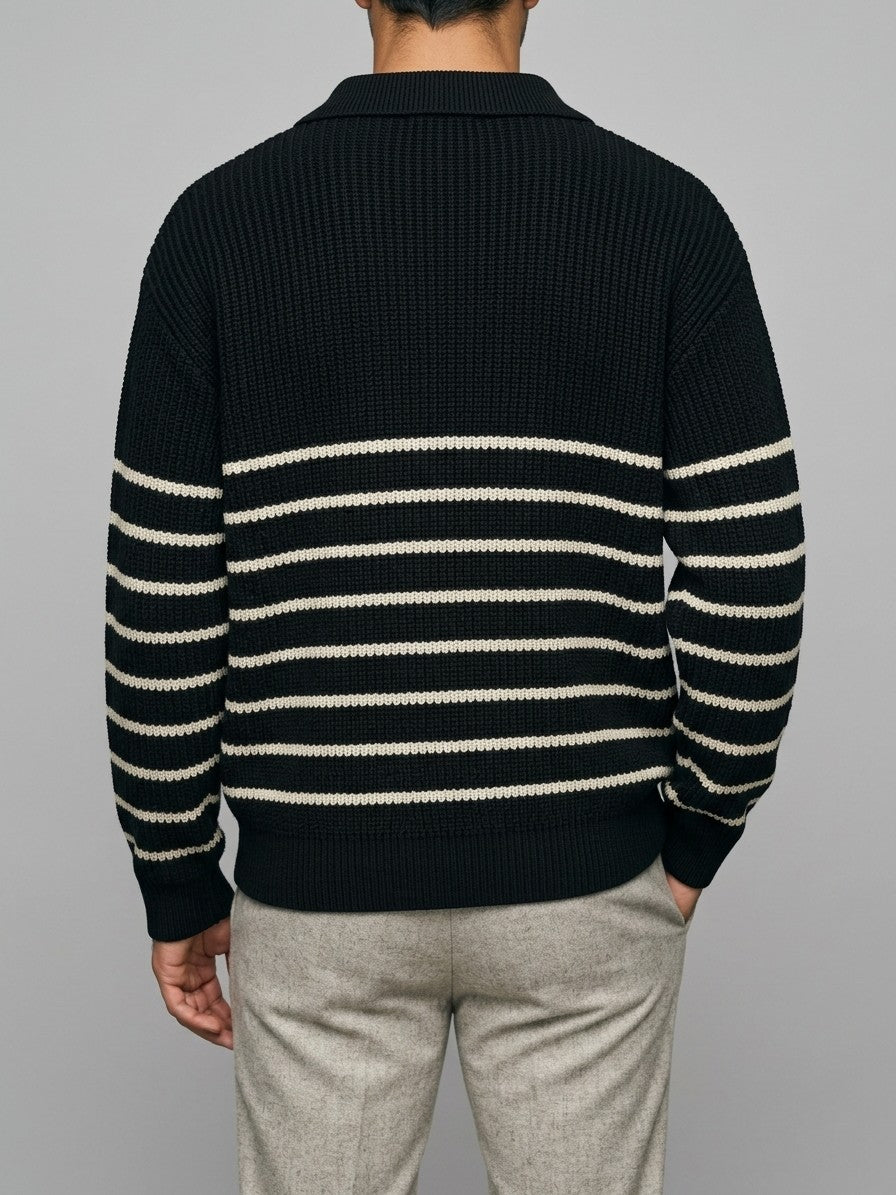 Sermide Men's Striped Zip-Collar Polo Sweater — black — back