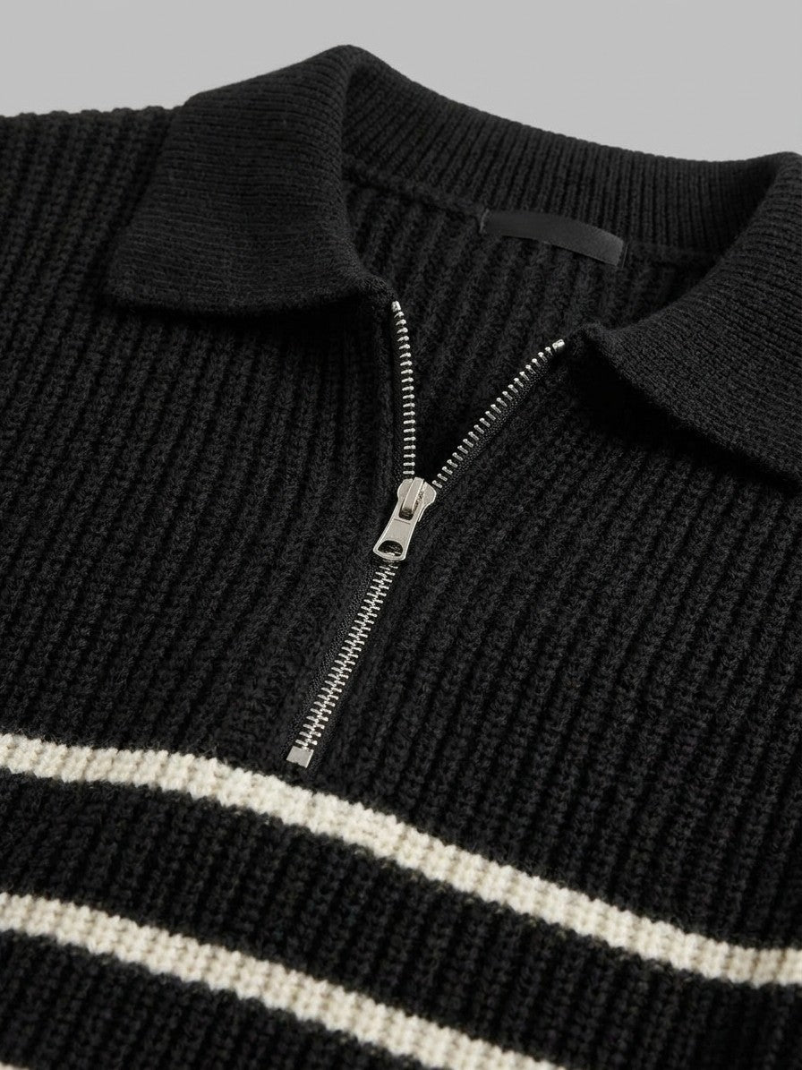 Sermide Men's Striped Zip-Collar Polo Sweater — black — detail-2