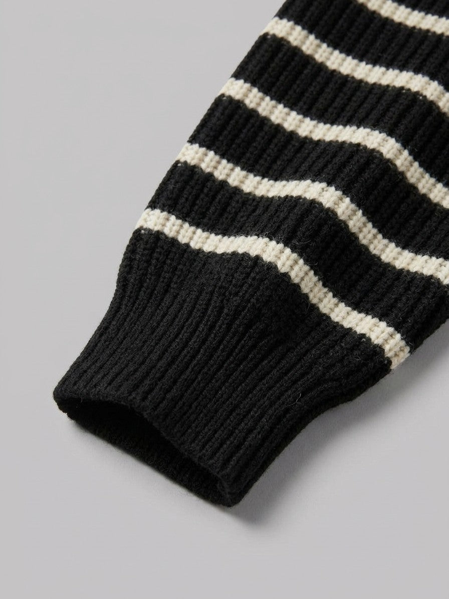 Sermide Men's Striped Zip-Collar Polo Sweater — black — detail-collar