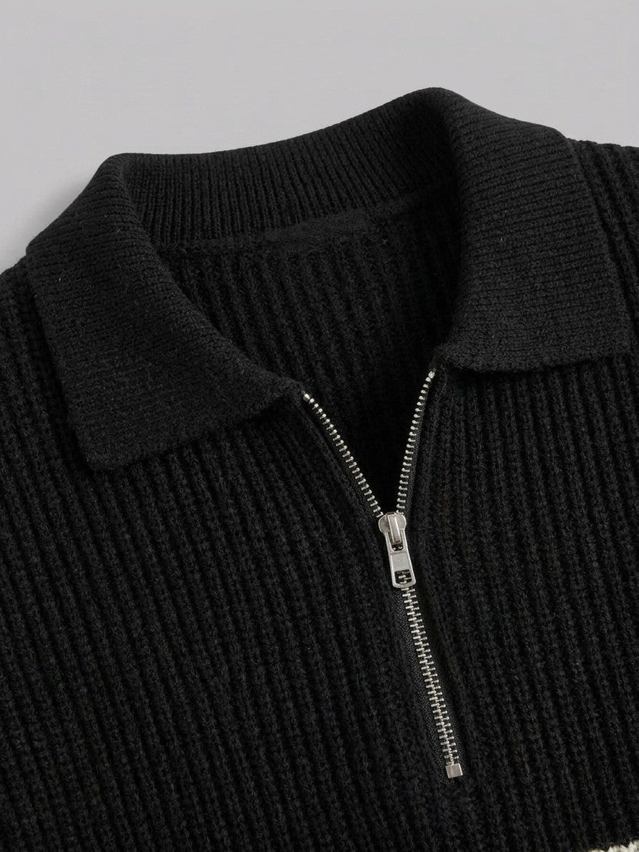 Sermide Men's Striped Zip-Collar Polo Sweater — black — detail