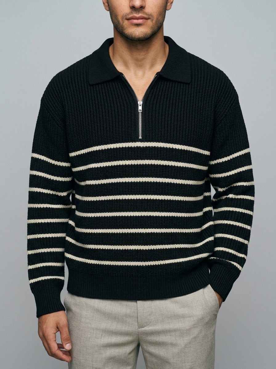 Sermide Men's Striped Zip-Collar Polo Sweater — black — front