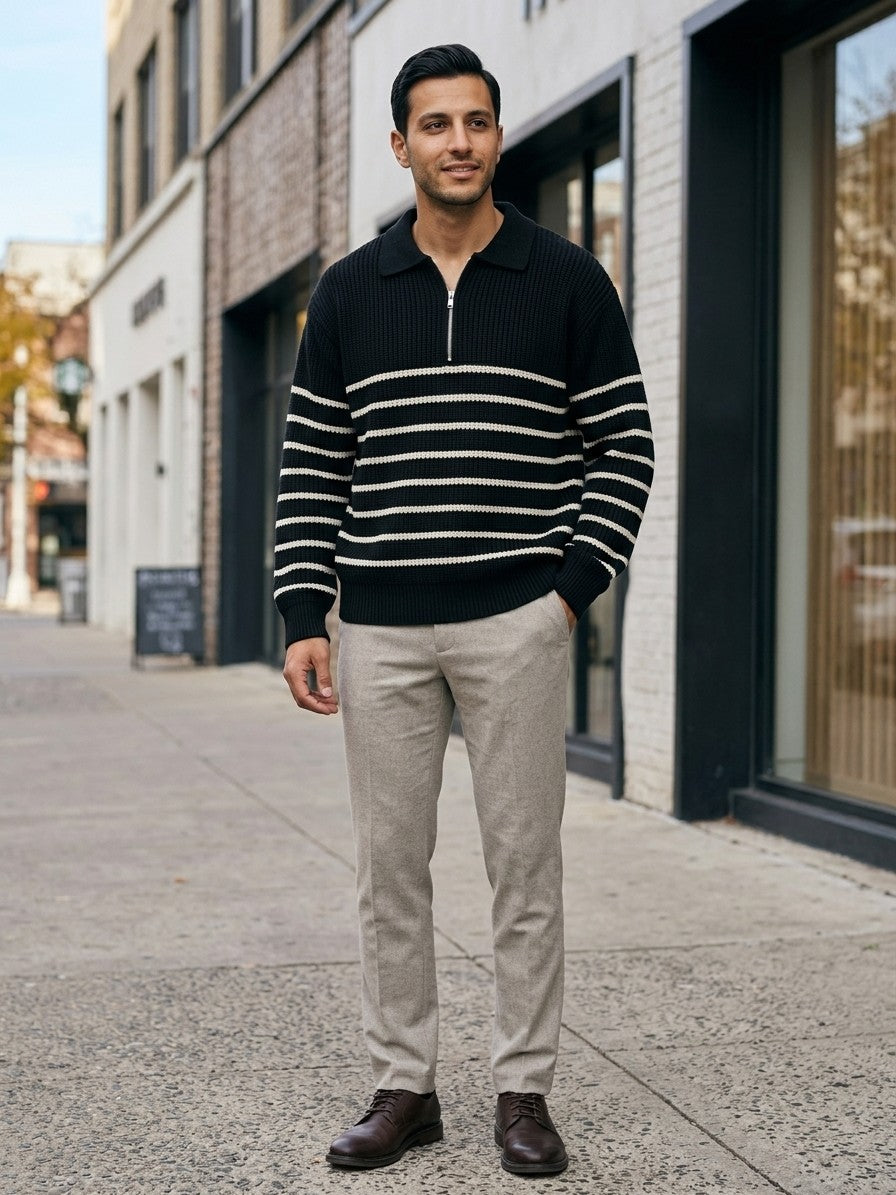 Sermide Men's Striped Zip-Collar Polo Sweater — black — lifestyle