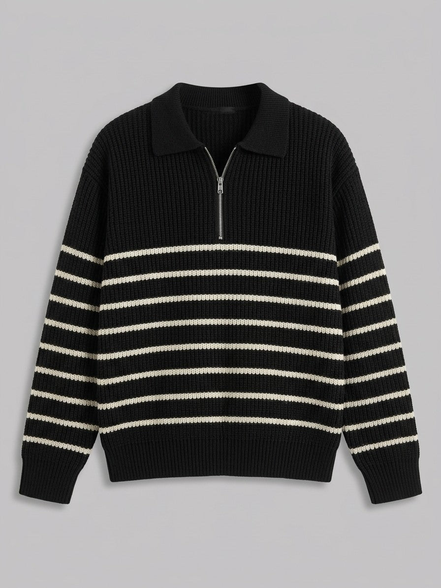 Sermide Men's Striped Zip-Collar Polo Sweater — black — packshot