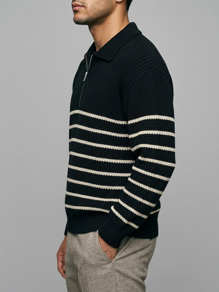Sermide Men's Striped Zip-Collar Polo Sweater — black — side