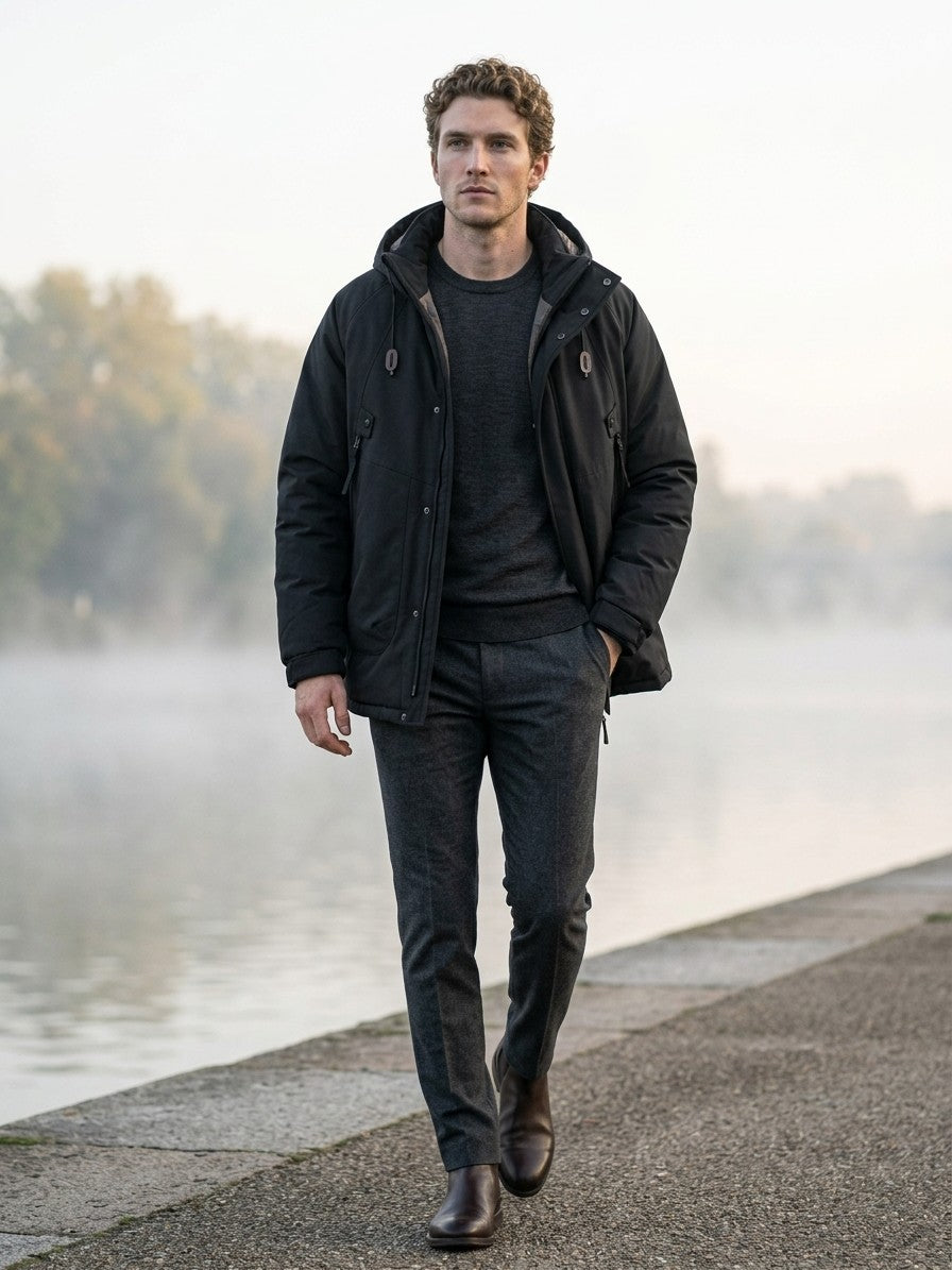 Sermoneta Men's Hooded Padded Parka — black — lifestyle
