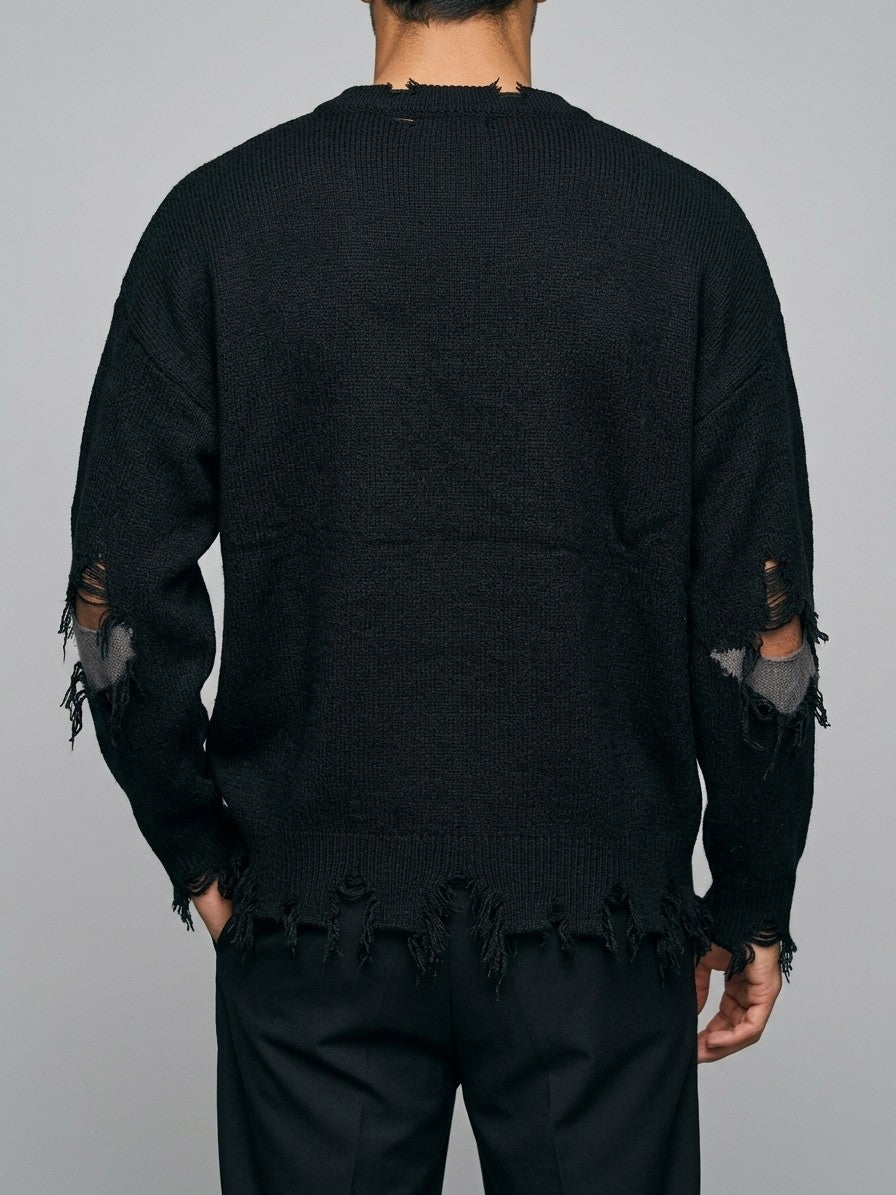 Serravalle Men's Distressed Skull Jacquard Sweater — black — back
