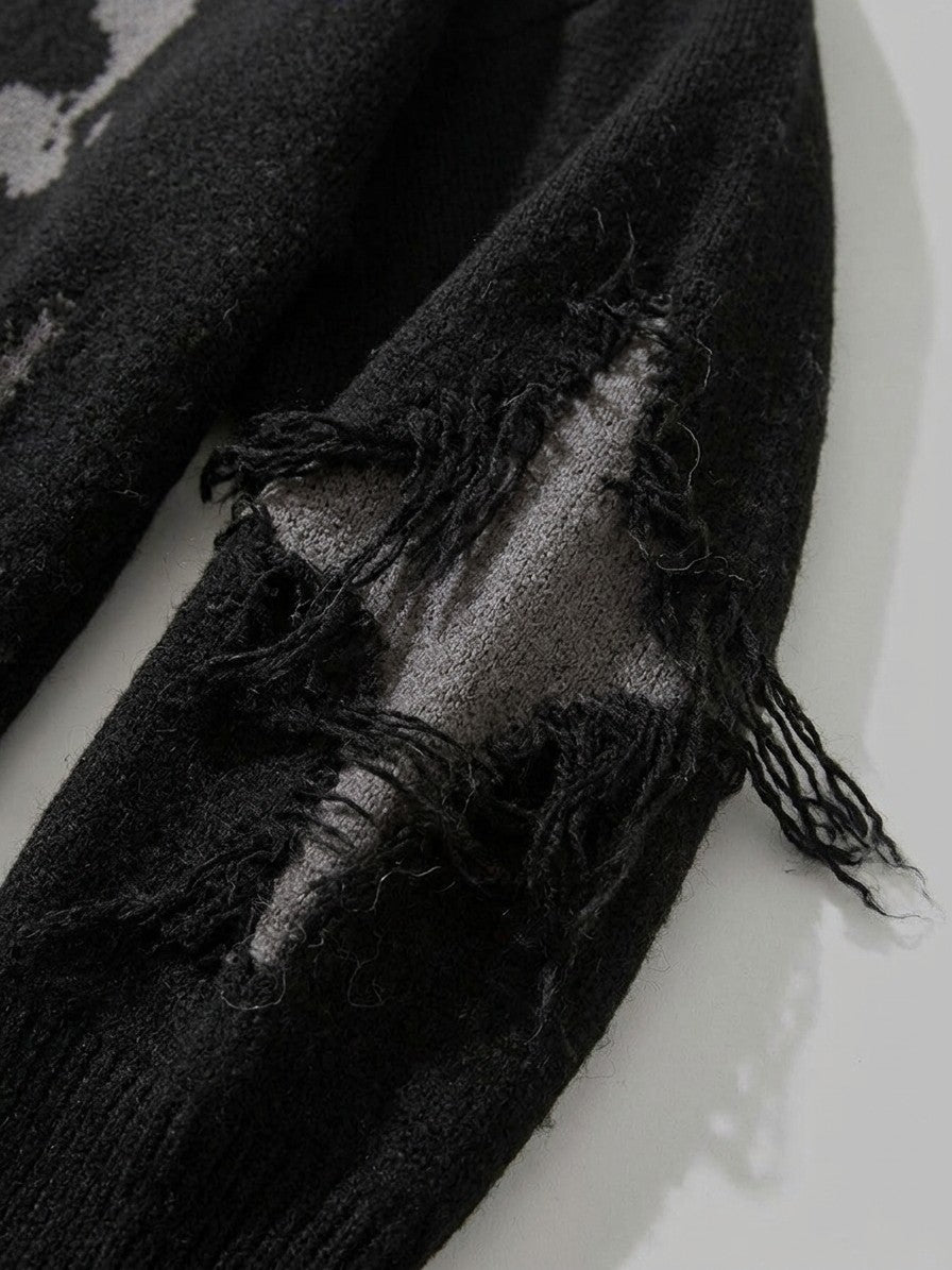 Serravalle Men's Distressed Skull Jacquard Sweater — black — detail-2