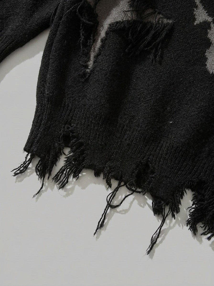 Serravalle Men's Distressed Skull Jacquard Sweater — black — detail-collar