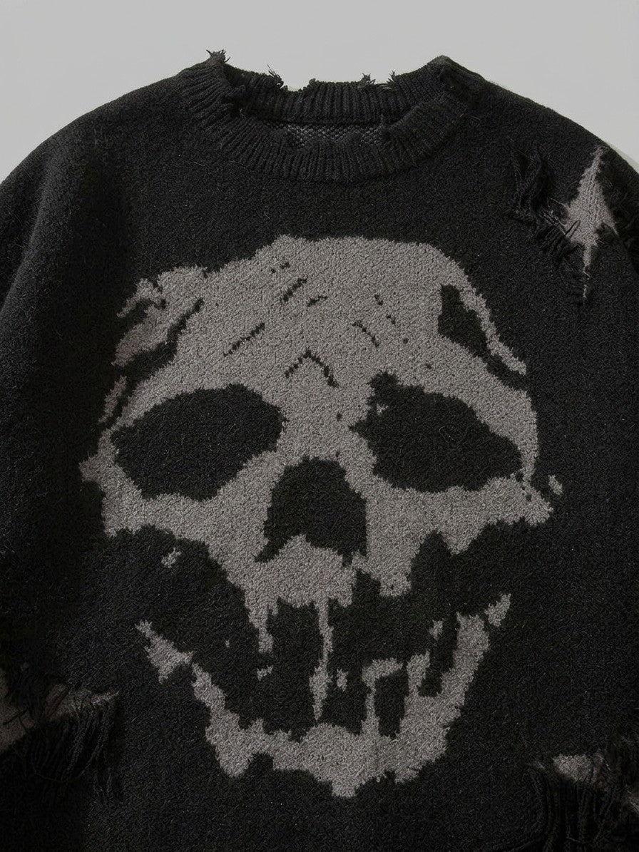 Serravalle Men's Distressed Skull Jacquard Sweater — black — detail