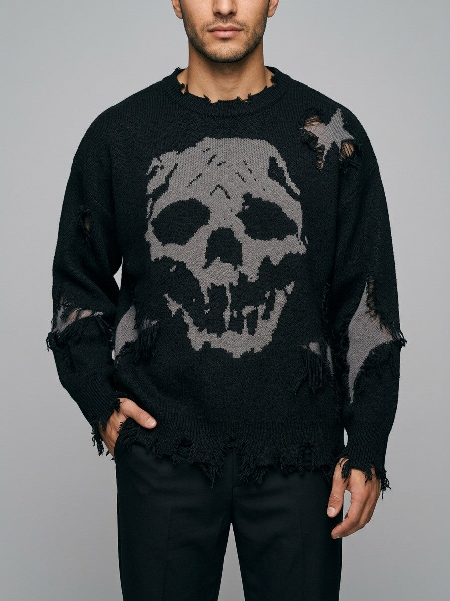 Serravalle Men's Distressed Skull Jacquard Sweater — black — front