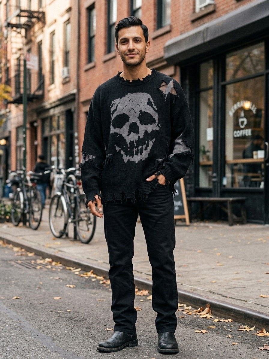 Serravalle Men's Distressed Skull Jacquard Sweater — black — lifestyle