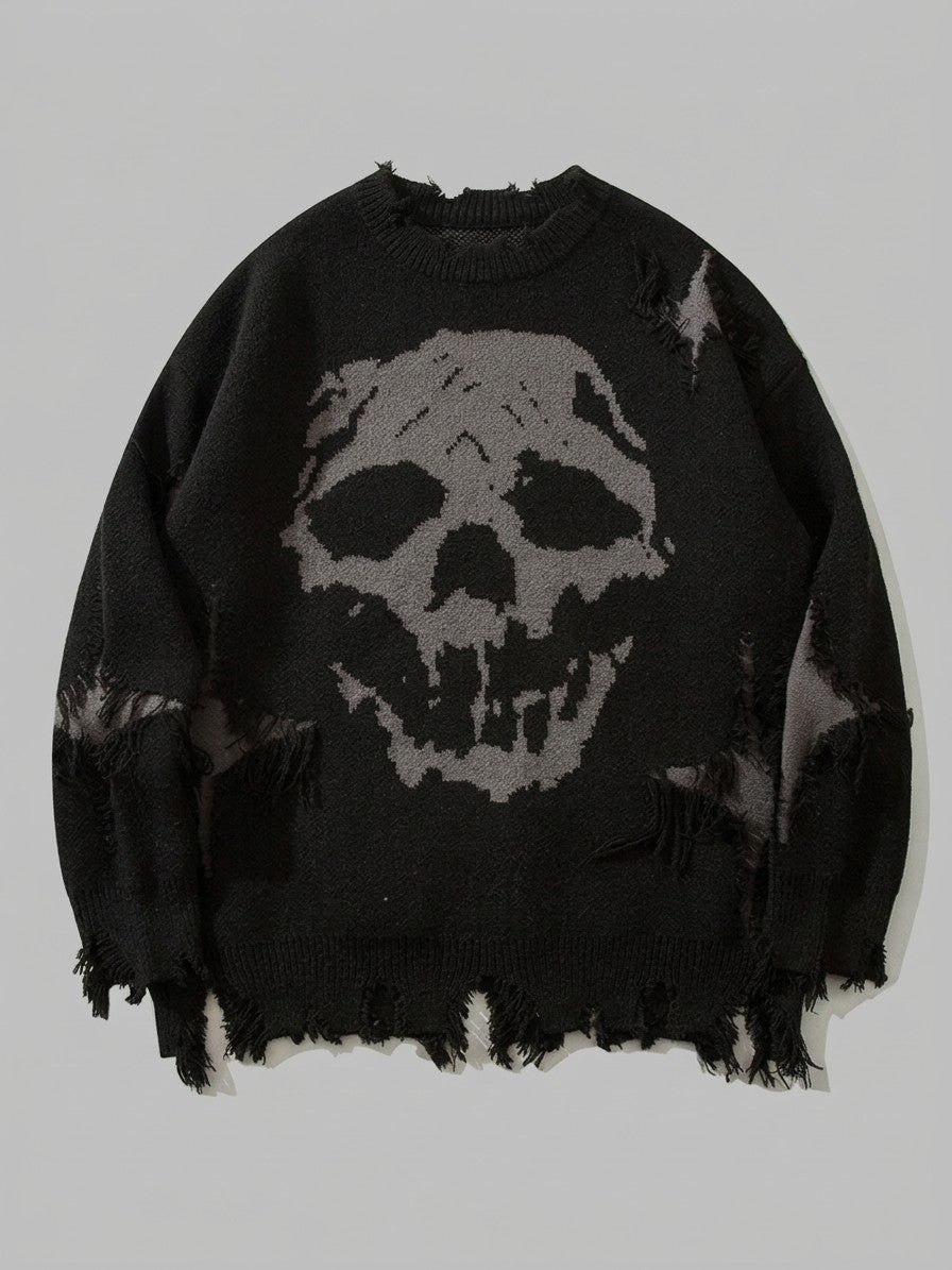Serravalle Men's Distressed Skull Jacquard Sweater — black — packshot